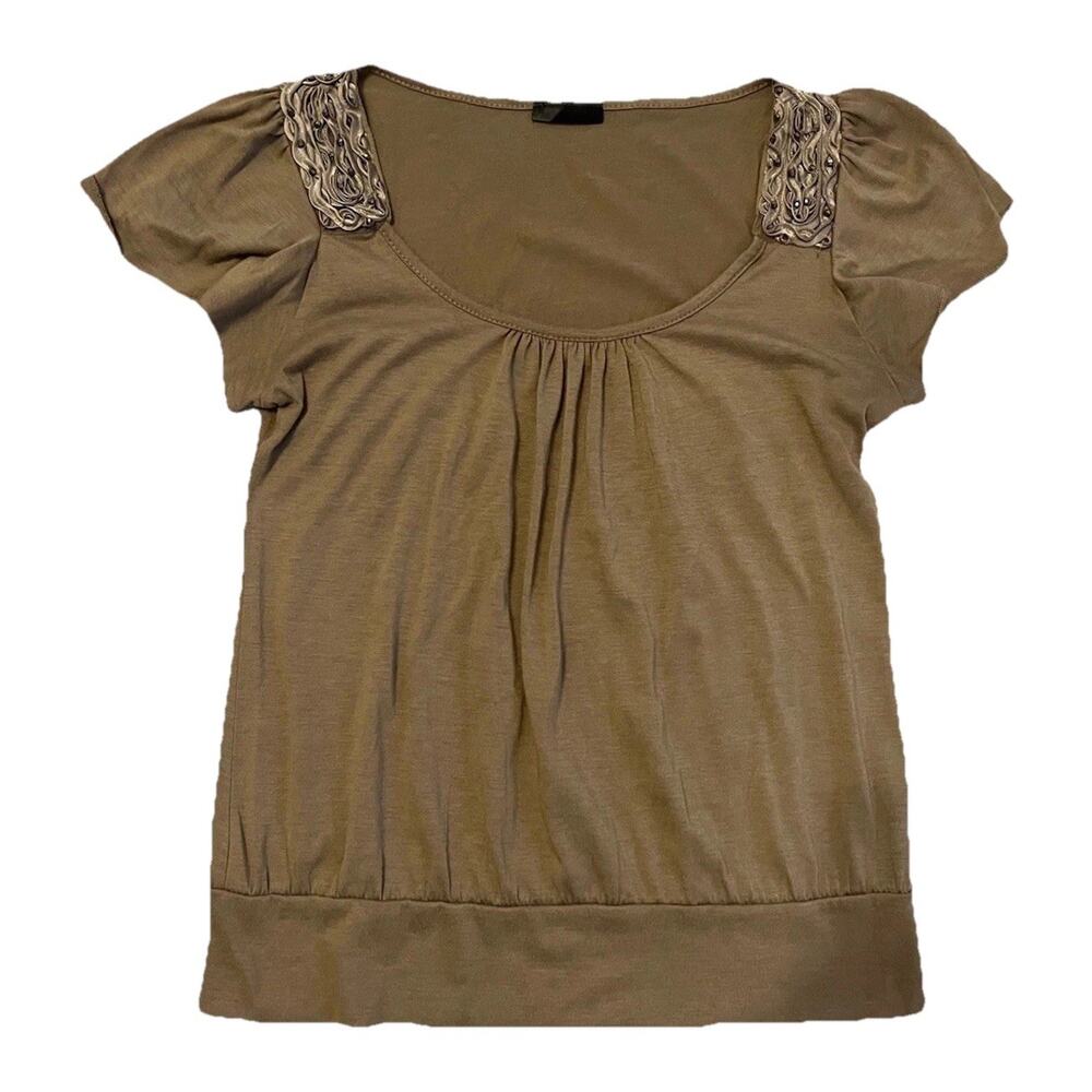 VTG Y2K Fairy Top Choco Brown Embroidery Bead Flutter Sleeve Whimsigoth Coquette